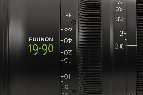 Close up view of a Fujinon Cabrio Zoom lens with 19mm-90mm focal range